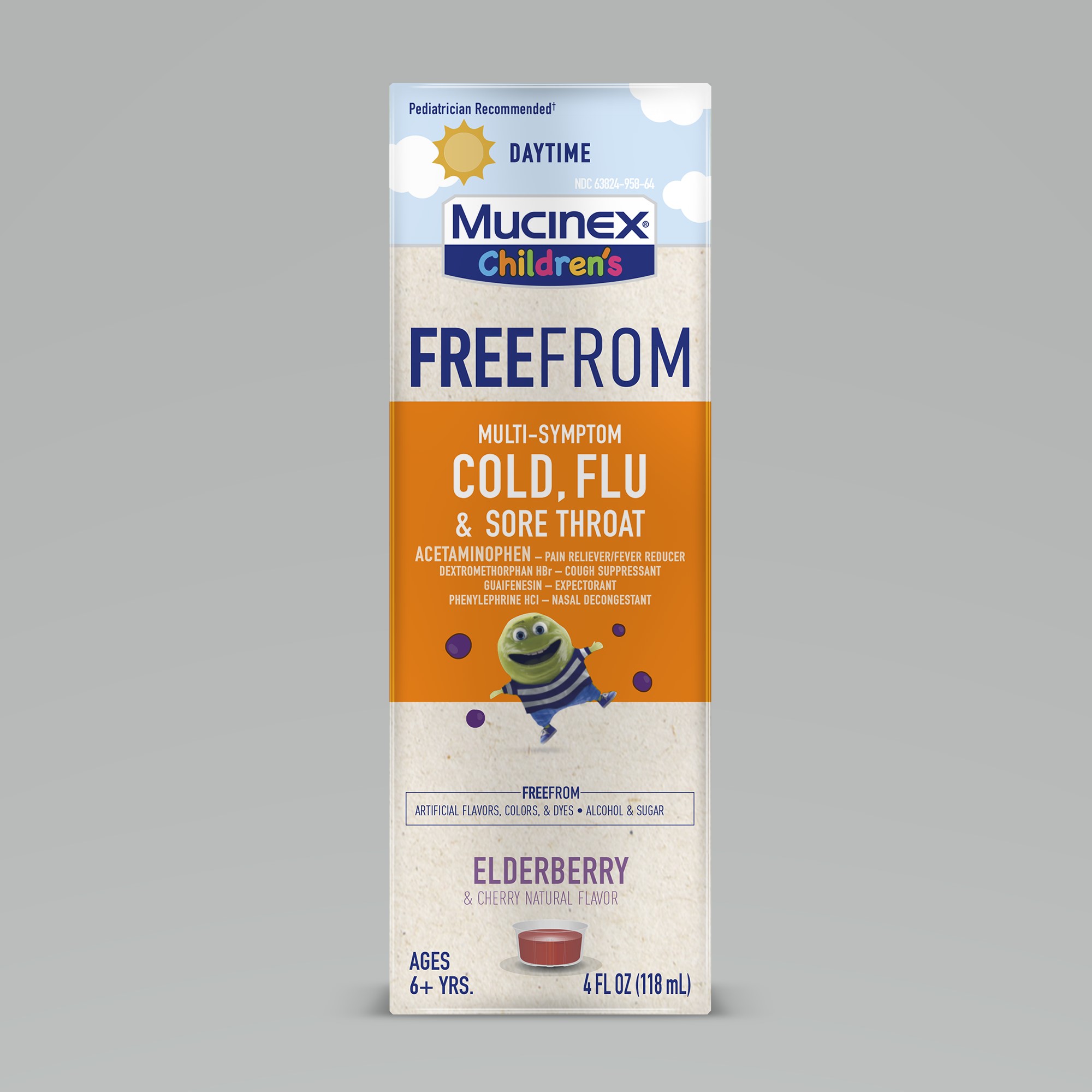 MUCINEX Childrens Liquid  Free From MultiSymptom Cold Flu  Sore Throat  Elderberry